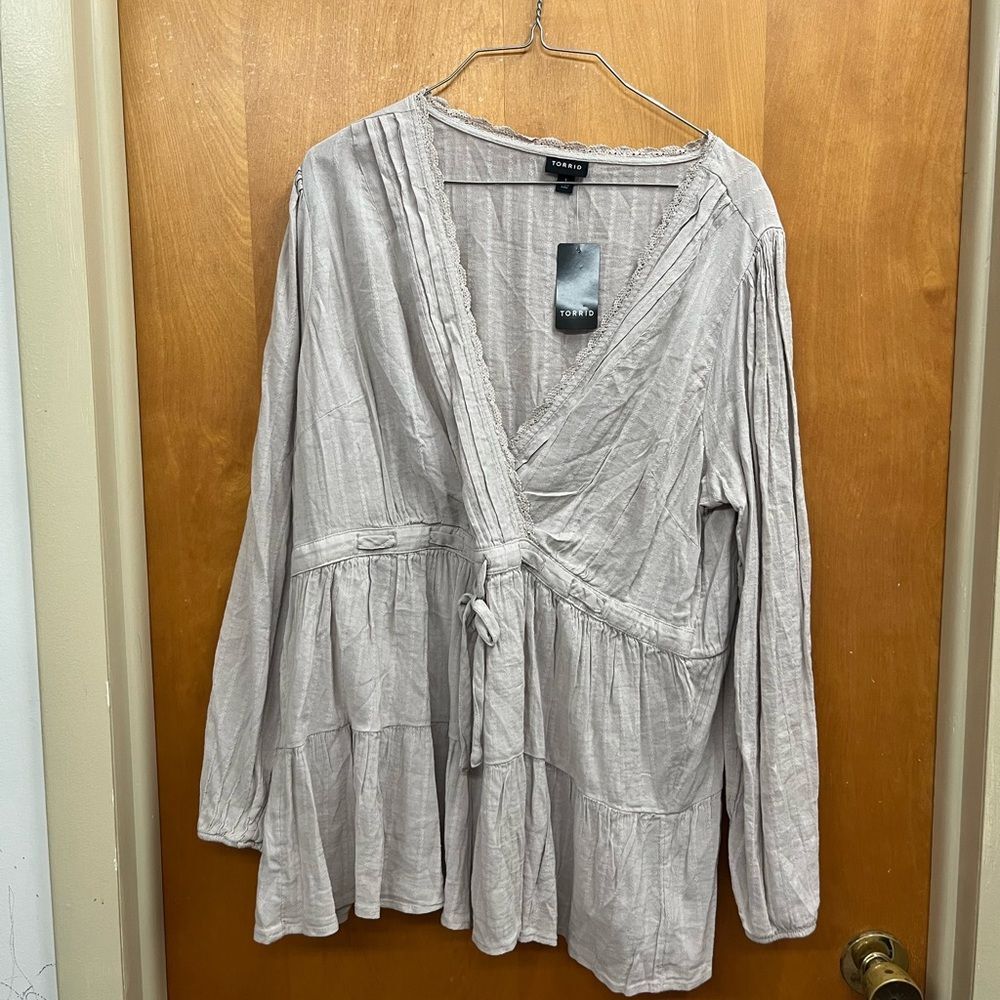 Torrid Beige lace tiered faux Wrap Blouse - Picture 2 of 8